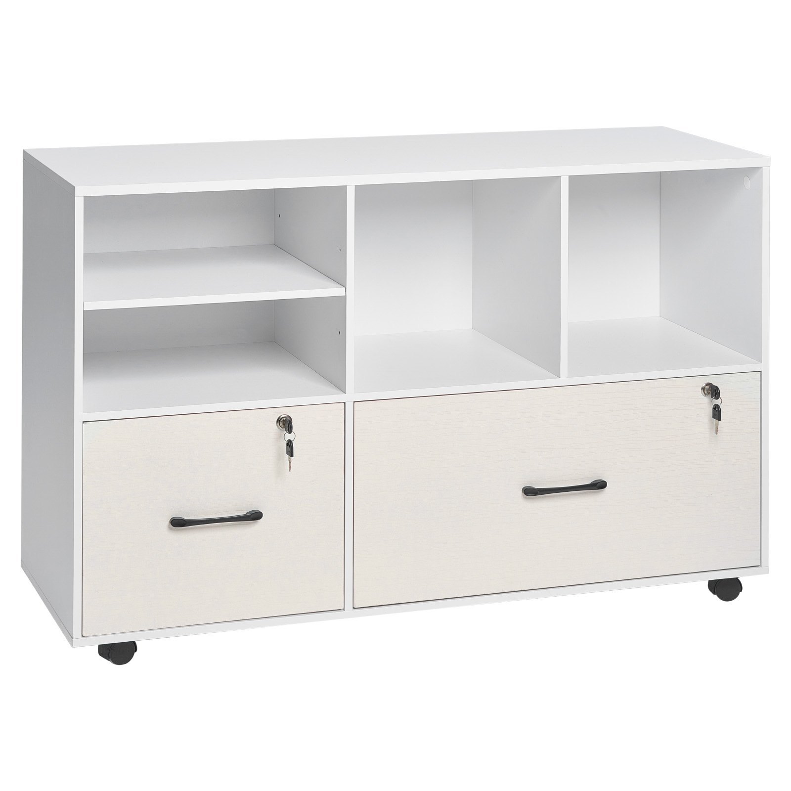 2 Drawer Wooden File Cabinet, Mobile Filing Cabinet With Open Shelves, Lockable Lateral Rolling File Storage With Adjustable Shelves, Free Standing Printer Stand For Home Office School, White