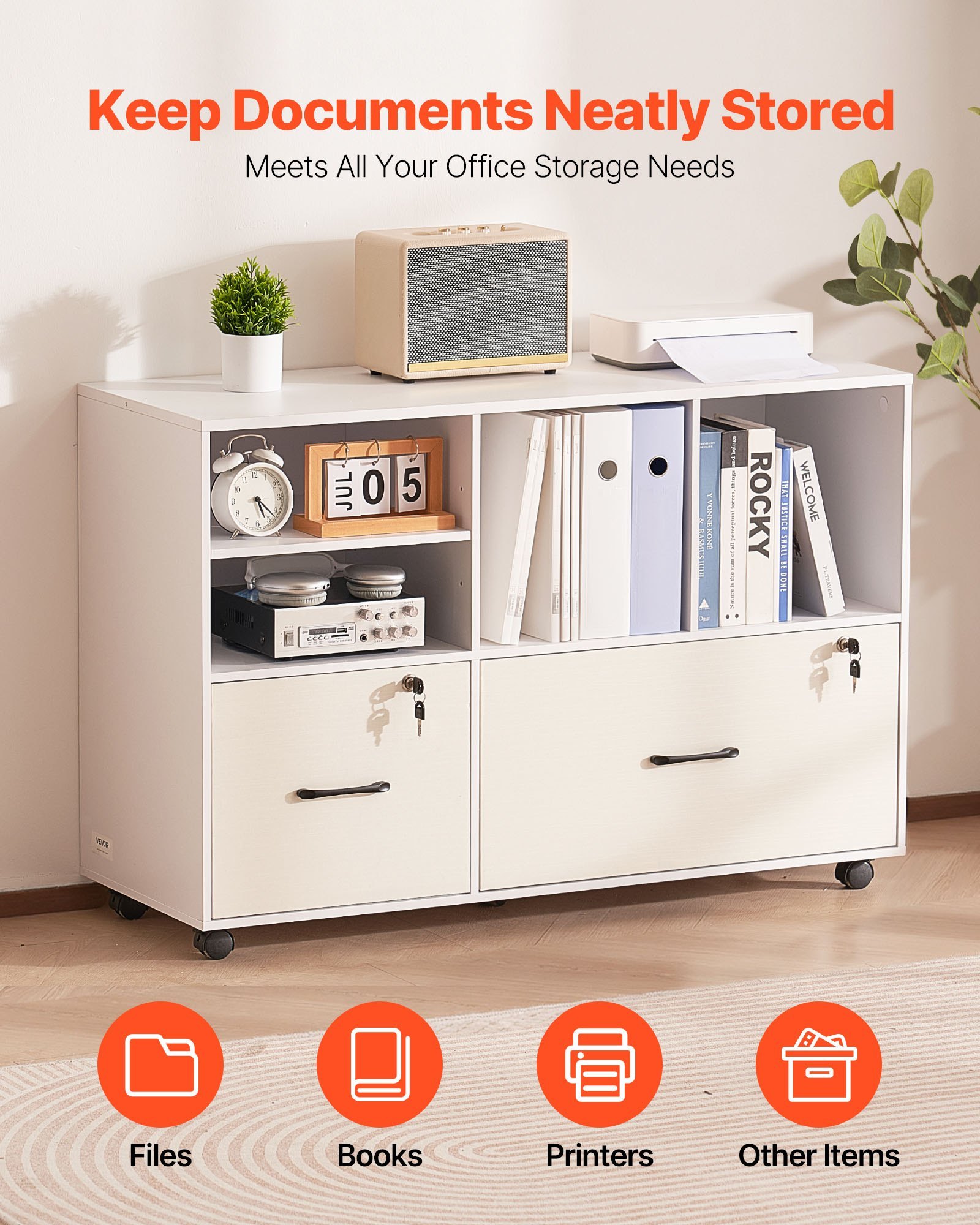 2 Drawer Wooden File Cabinet, Mobile Filing Cabinet With Open Shelves, Lockable Lateral Rolling File Storage With Adjustable Shelves, Free Standing Printer Stand For Home Office School, White - Image 2