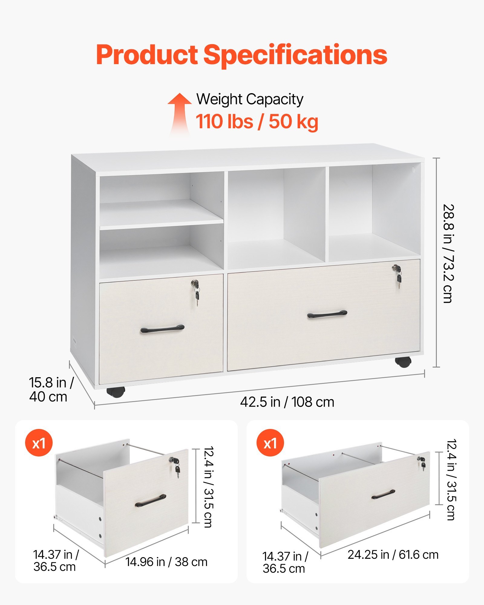 2 Drawer Wooden File Cabinet, Mobile Filing Cabinet With Open Shelves, Lockable Lateral Rolling File Storage With Adjustable Shelves, Free Standing Printer Stand For Home Office School, White - Image 5